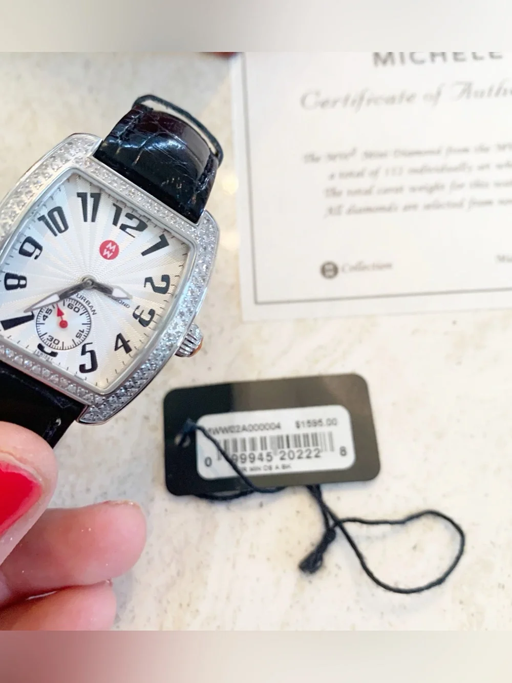 Michele Silver Crystal-Trim Watch with Black Leather Strap